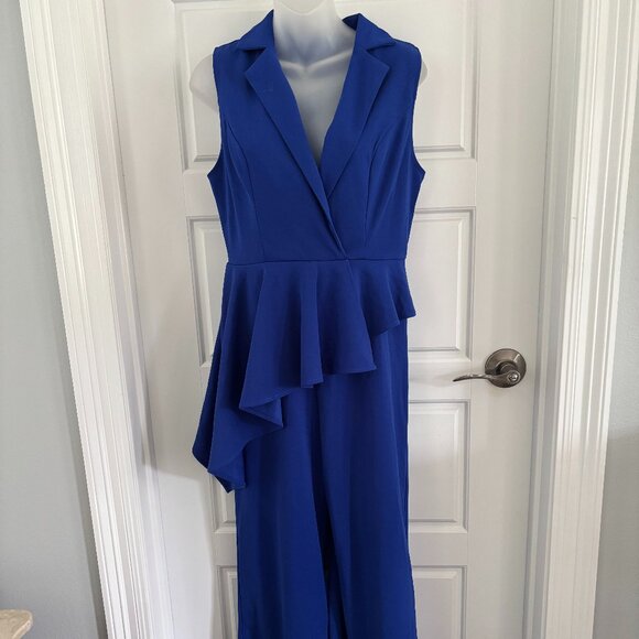 Royal Blue VNeck Collared Jumpsuit With Scallop Draped Front. Size M NEW - Picture 1 of 6
